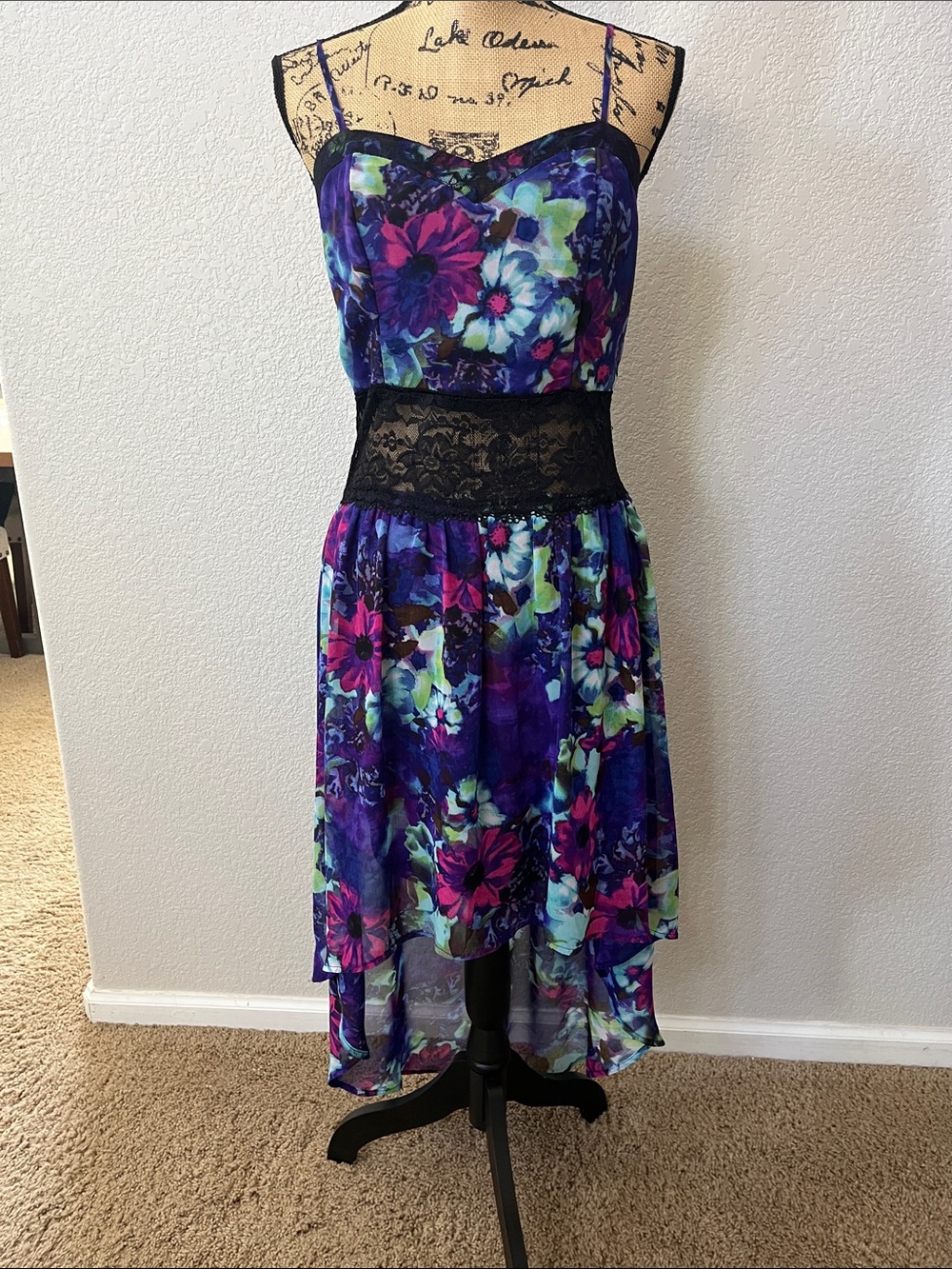 Floral Purple High-Low Spaghetti Strap Dress with Lace Waist